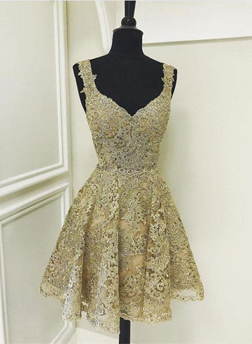 Cute gold lace v neck short prom dress, homecoming dress HZ1023